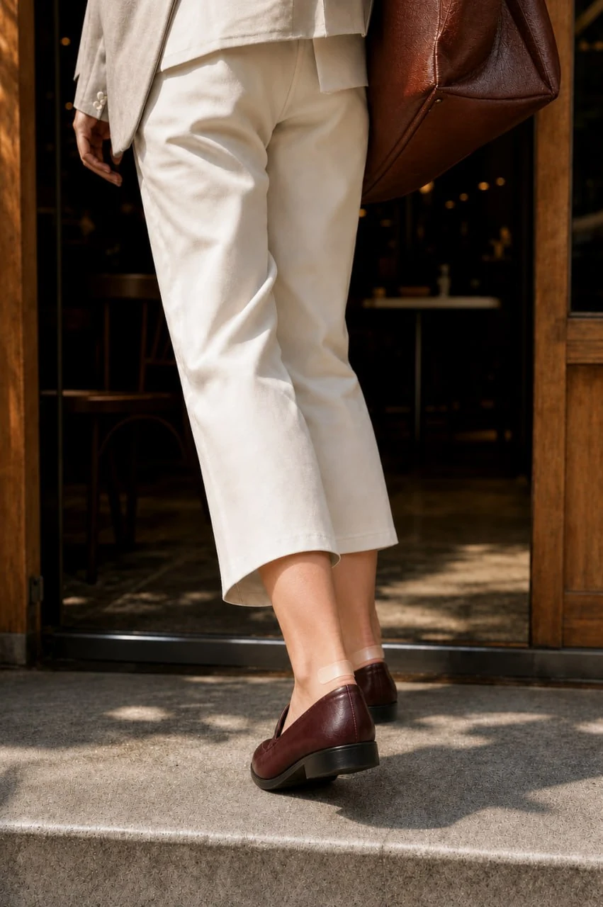A professional wearing burgundy loafers with a translucent comfort strip at the heel
