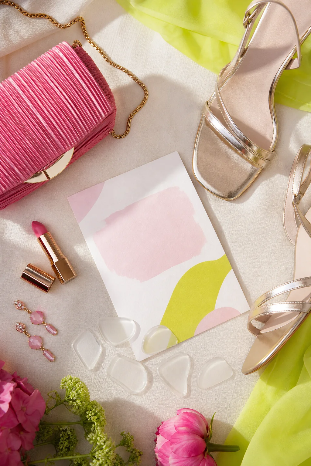 Editorial flat lay of wedding and evening essentials